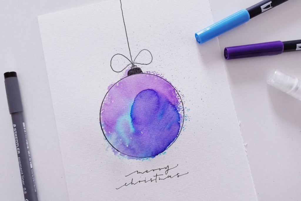 Weihnachtskarte Gestalten Christbaumkugel Im Aquarell Look